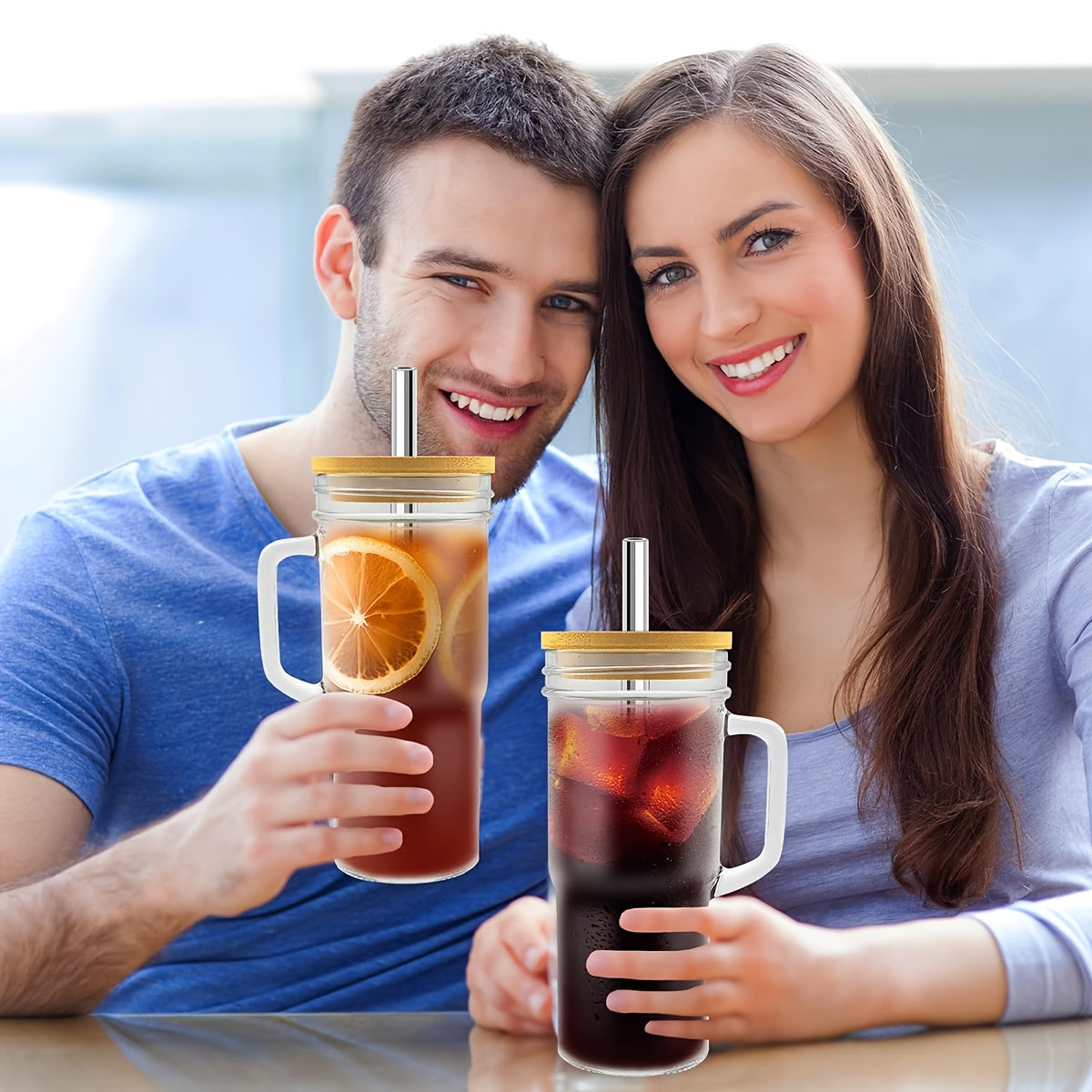 2pcs/4pcs Glass Cups With Lids And Straws, 24 Oz Mason Jar Drinking Glasses Tumbler With Handle, Brush, Reusable Iced Coffee Cups, Boba Tea Smoothie Cups Mother'S Day Gifts