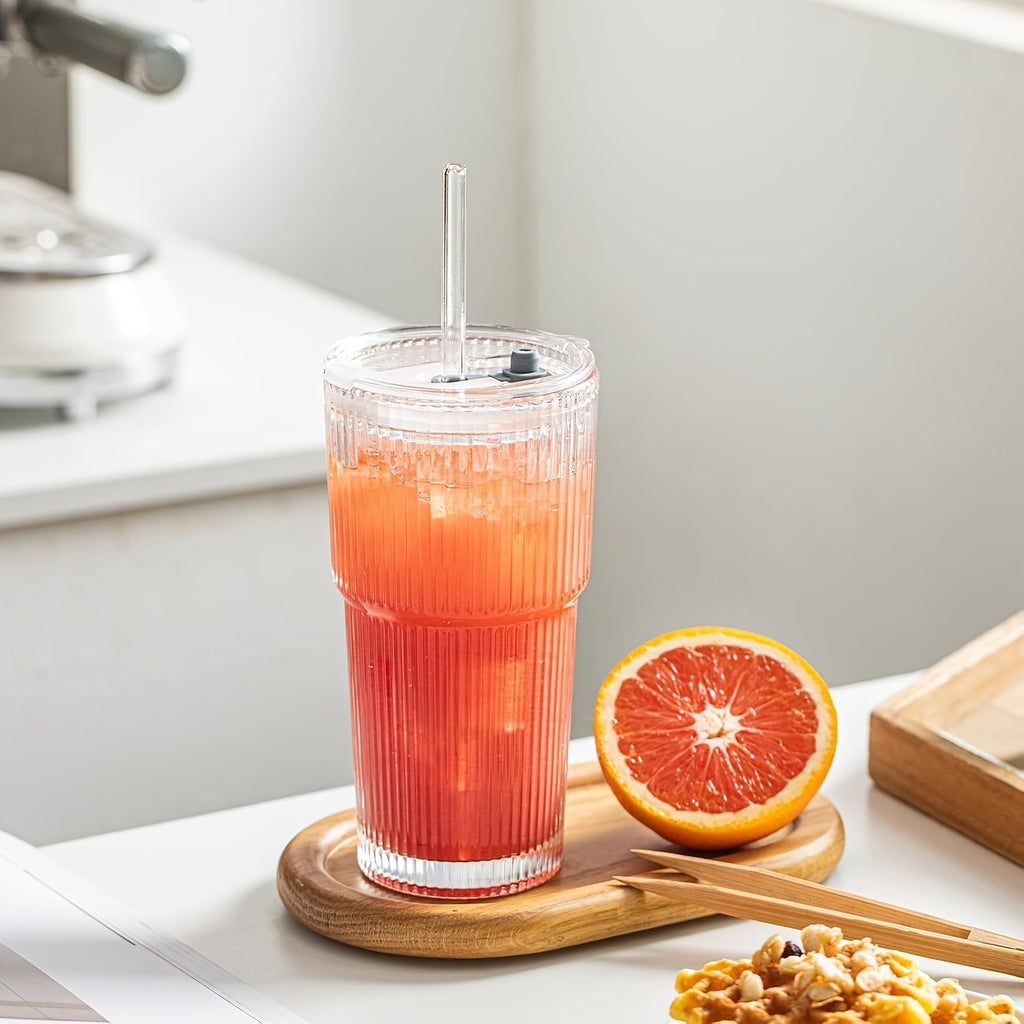 Glassware Set of 2, 600ml/20oz Ribbed Glass Barrel with Lid and Glass Straw, Thickened Glass, Perfect for Iced Coffee, Smoothies, Cocktails and Juices - Elegant and Durable Beverage Vessels