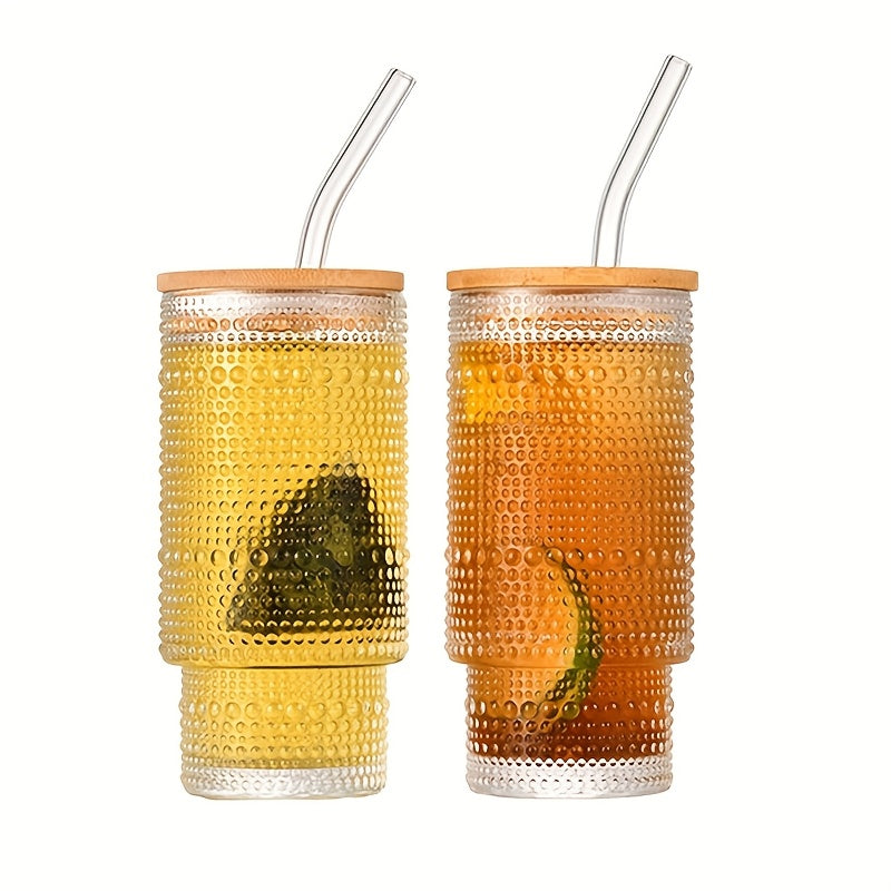 Glass Cups with Lids And Straws 4 Packs, Bamboo Mason Jar Valentines Party Drinking Jars Glasses, 11oz Beaded Glassware, Vintage Glassware Set, Embossed Vintage Drinking Glasses for Beer, Cocktail, Soda, Iced Coffee, Smoothie, Tea, Water