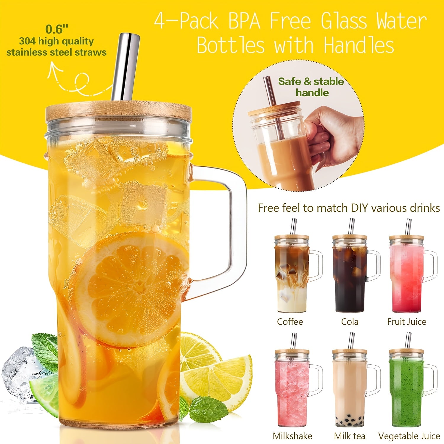 2/4pcs Glasses with Lids And Straws 24oz/700ml Mason Jar Beverage Mugs with handles Straw Brush Cup Brush for Iced Tea Or Coffee, Christmas, Halloween, Gift Mugs, Best for Christmas