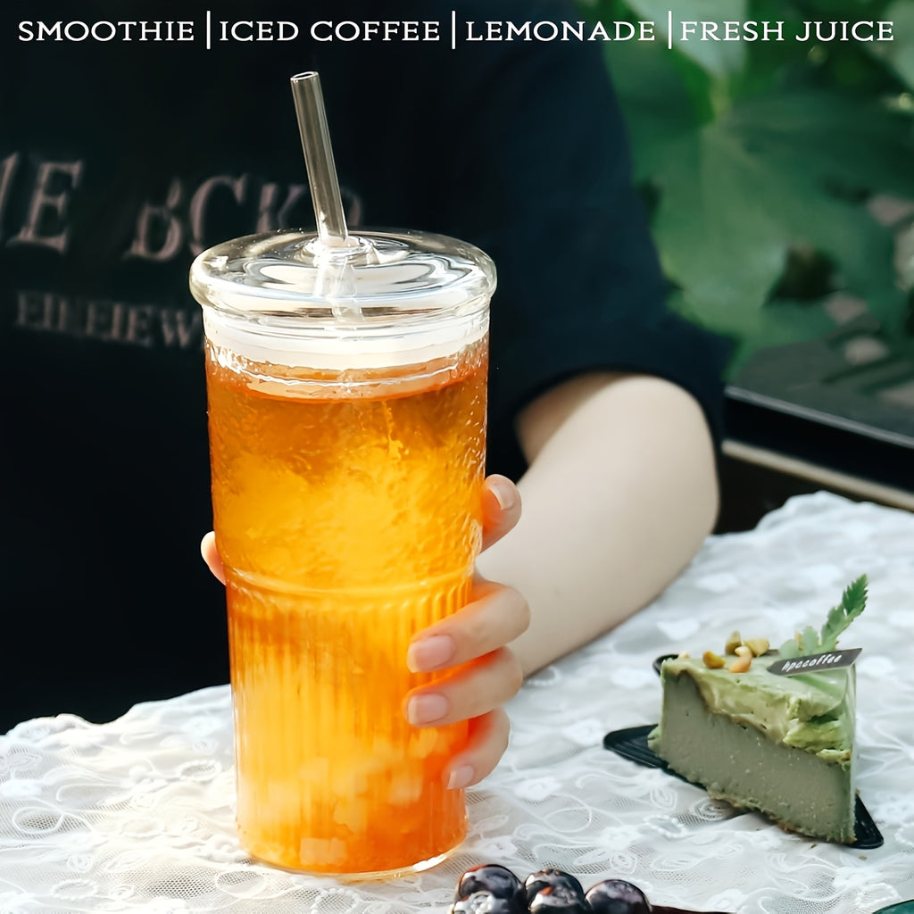 2pcs, 22oz/650ml, With Lid, Straw, Straw Brush, Ribbed Glass Cup, Reusable, Wide Mouthed Smoothie Cup, Thick Walled Glass Iced Coffee Cup, Tea Cup, Juice Cup, Also A Great Holiday, Christmas, Anniversary, Housewarming Gift For Family And Friends.