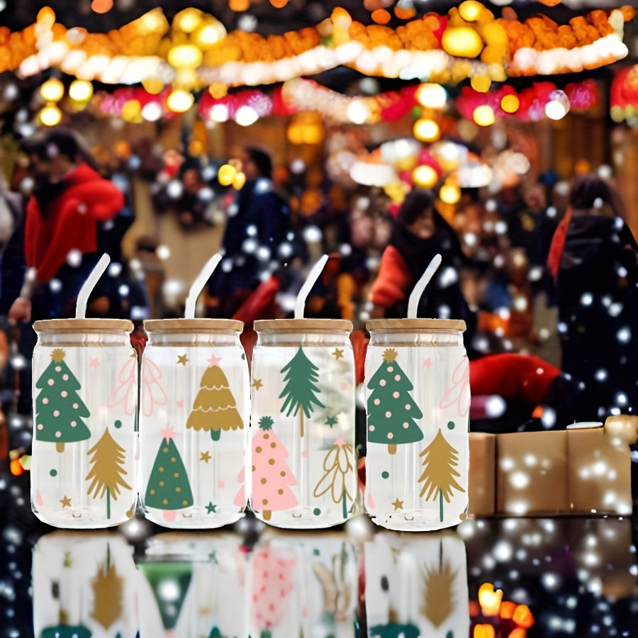 4pcs, 550ml Christmas Tree Glass With Lid And Straw, Home Office Cup, Tea, Beer, Cola, Milk Cup