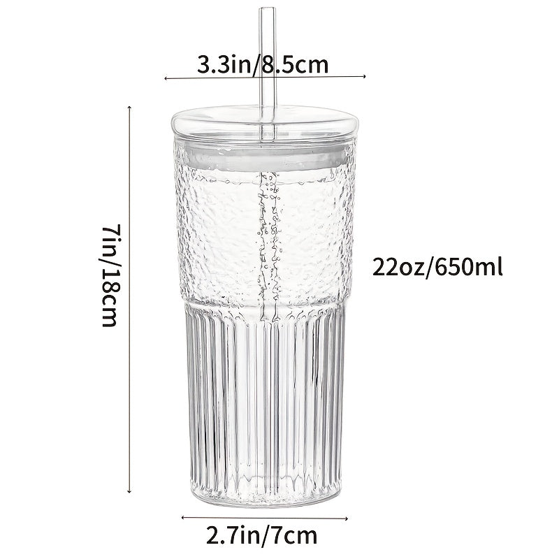 2pcs 20oz High Borosilicate Glass Espresso Cups with Lids, Straws & Brush - Vertical Stripe Design, Perfect for Iced Americano & Latte, High-Quality, Ideal Holiday Gift