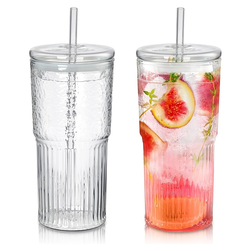 2pcs, 22oz/650ml, with lid, straw and straw brush, retro and modern embossed design, easy to clean, dishwasher safe, reusable glass wide mouth smoothie cup, thick wall Glass ice coffee mug, suitable for cold drinks, hot drinks, tea and other beverages,