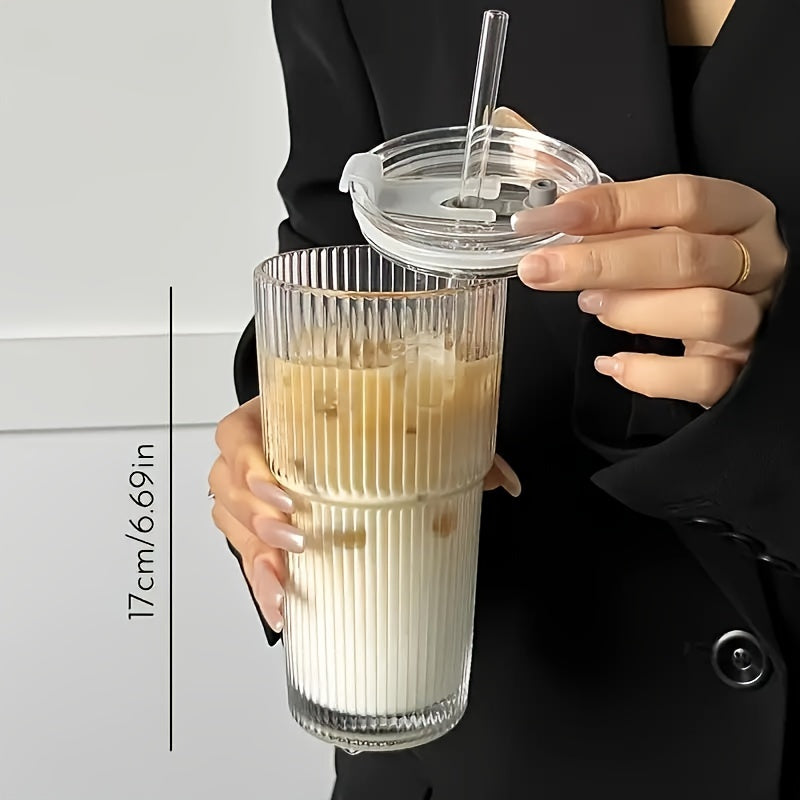 1pc 20.29oz Large Striped Glass Cup with Lid - Insulated, Reusable for Cold Drinks, Juice & Coffee - Ideal for Home, Office, and Holiday Gatherings, Hand Wash Only, Versatile Drinkware | Stylish Drinkware | Insulated Glass Cup