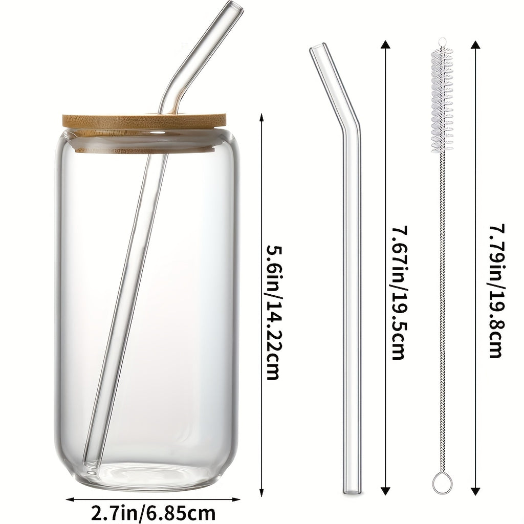 4pcs Glass, 16 Oz (approx. 473.2 Ml) Drinking Mug With Bamboo Lid And Glass Straw, Pretty Jar Shaped Glasses For Parties, Great For Delicious Smoothies, Juices, Coffee - 2 Cleaning Brushes