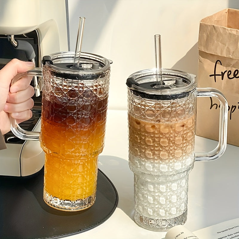 1pc 530ml/18oz Large Capacity Straw Cup with Lid, Stylish INS-Style Summer Iced Coffee Glass Tumbler, Reusable Drinking Cup for Coffee, Tea, Whiskey, Milk, Iced Americano & Latte