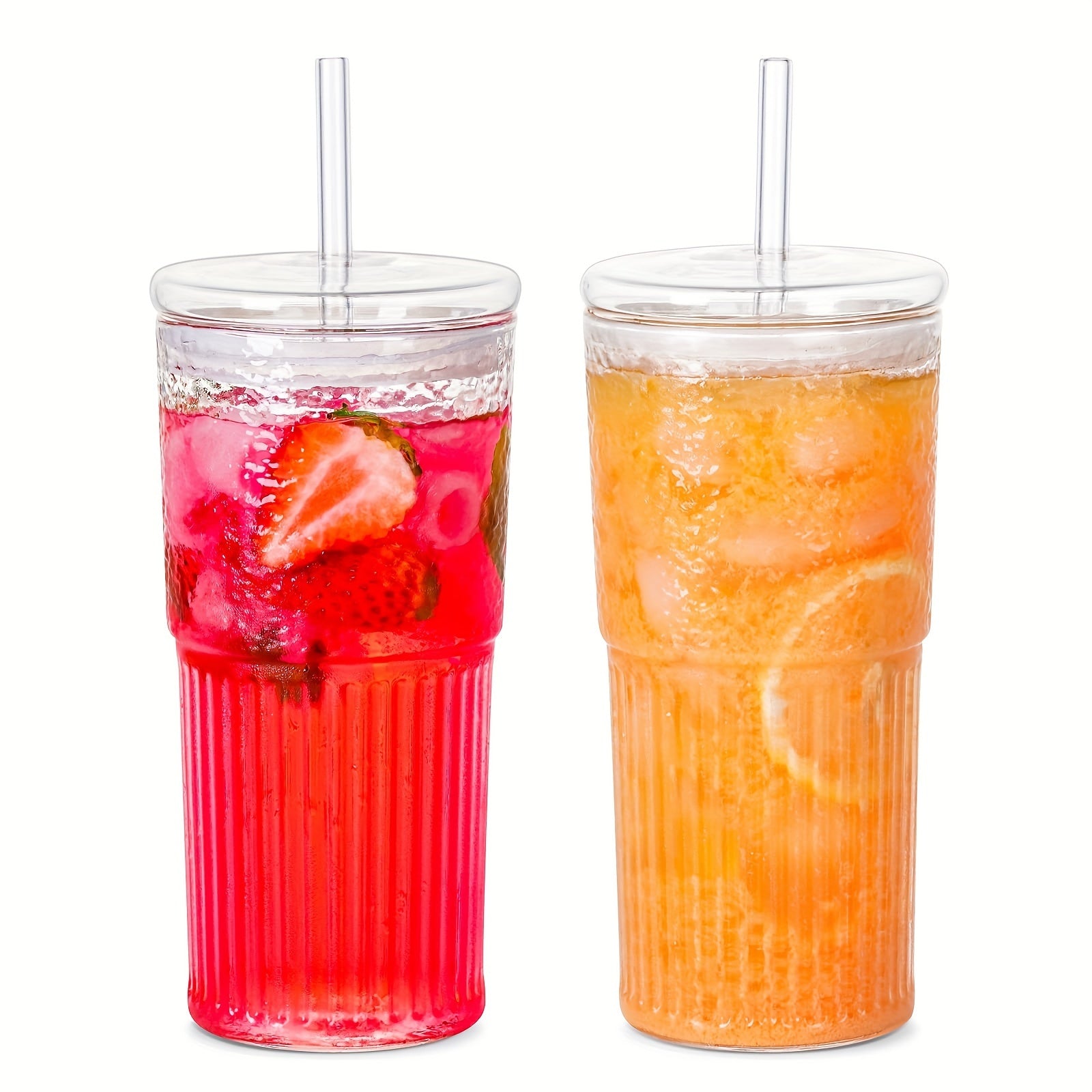 2pcs Vintage Ribbed Glass Cups with Straws and Lids, 20oz Clear Iced Coffee Glassware for Water, Tea, and Beverages – Reusable, Dishwasher Safe, Travel-Friendly Drinkware, Glass Coffee Cup