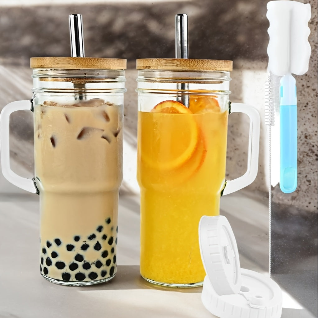 2/4pcs Handle Car Cup, 24oz High Borosilicate Glass Cup Without BPA, with Bamboo Lid And Straw, BPA Free, Thick Coffee Cup, Suitable for Juice, Milk, Cream, Milk Tea, Free Sealing Lid, Straw Brush And Cup Brush, Birthday Gift, Coffee Cup, Tea Cup, Milk