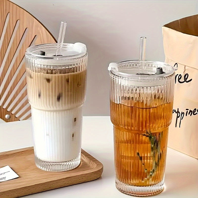 1pc 20.29oz Large Striped Glass Cup with Lid - Insulated, Reusable for Cold Drinks, Juice & Coffee - Ideal for Home, Office, and Holiday Gatherings, Hand Wash Only, Versatile Drinkware | Stylish Drinkware | Insulated Glass Cup