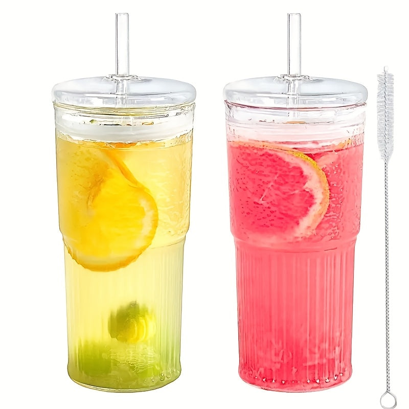 2pcs 20oz High Borosilicate Glass Espresso Cups with Lids, Straws & Brush - Vertical Stripe Design, Perfect for Iced Americano & Latte, High-Quality, Ideal Holiday Gift