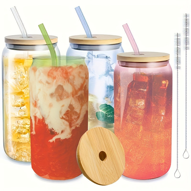 4pcs Glass, 16 Oz (approx. 473.2 Ml) Drinking Mug With Bamboo Lid And Glass Straw, Pretty Jar Shaped Glasses For Parties, Great For Delicious Smoothies, Juices, Coffee - 2 Cleaning Brushes