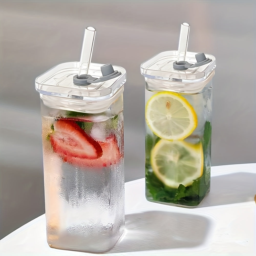 2pcs Square Glass Mug with Lid, Portable Drinking Mug, Perfect Coffee Mug, Includes Glass Lid/Straw, Gift for Mug Collectors, Father'S Day Mug, Great for Office, Home, School And Outdoor Use!, Best for Christmas
