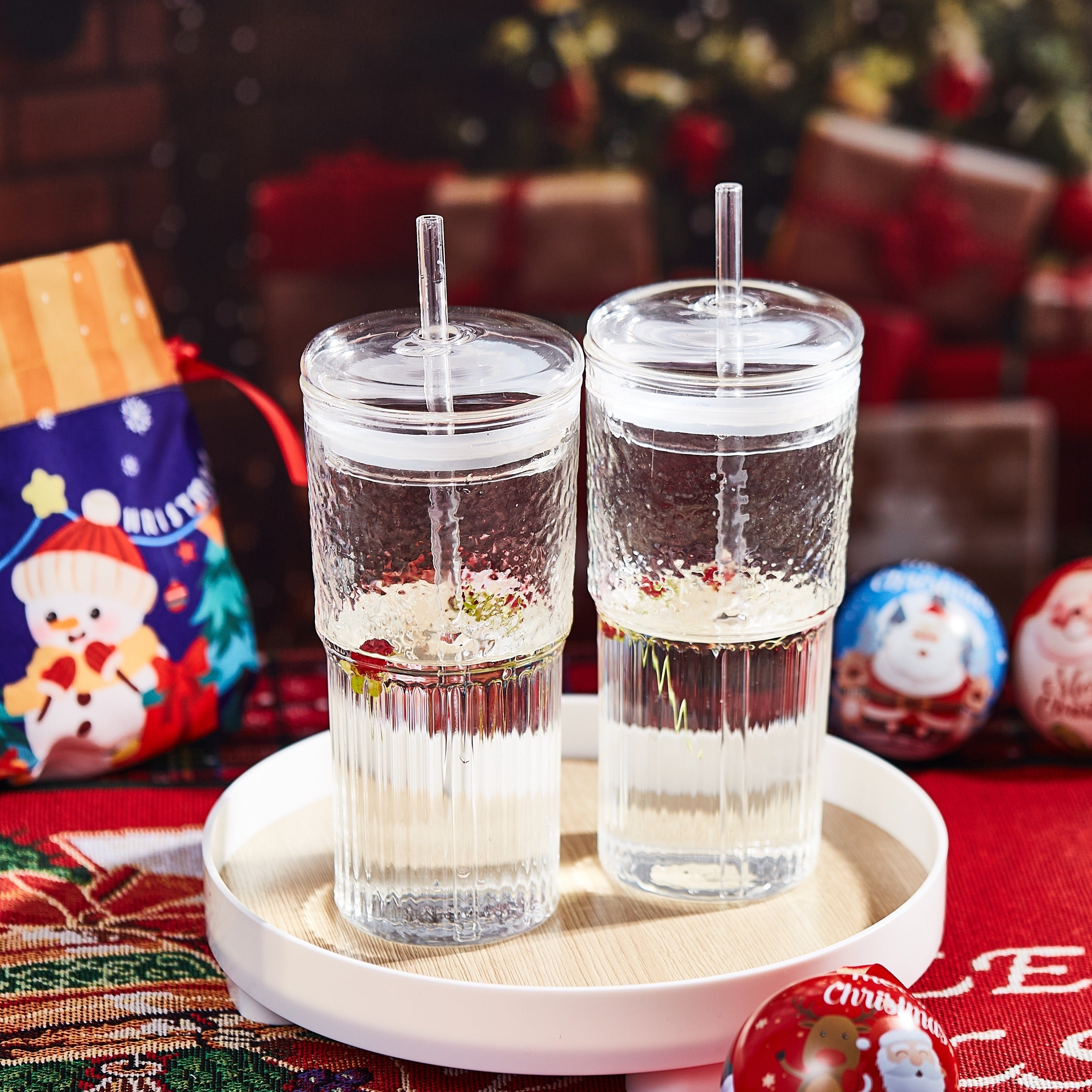 2pcs 20oz High Borosilicate Glass Espresso Cups with Lids, Straws & Brush - Vertical Stripe Design, Perfect for Iced Americano & Latte, High-Quality, Ideal Holiday Gift