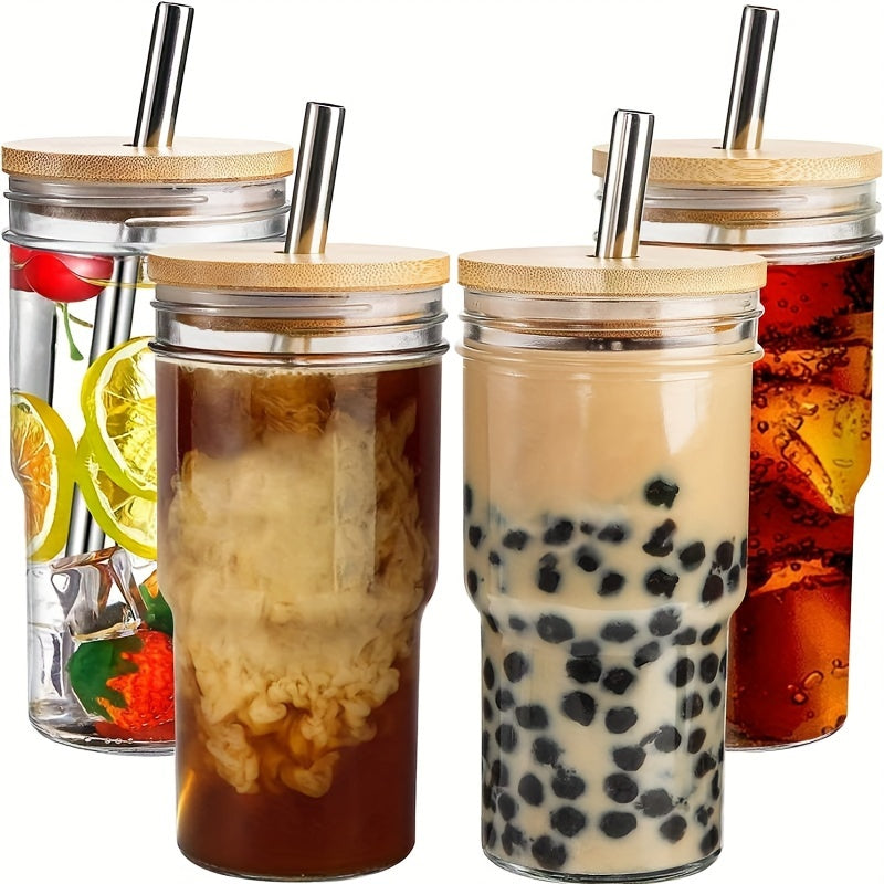 2pcs/4pcs Insulated Glass Cup Cold Drink Cup Slush Cold Drink Glass Straw Cup Water Cup Wooden Lid with Cup Cover Straw Straw Cleaner Home Cold Drink Party Beverage Accessories