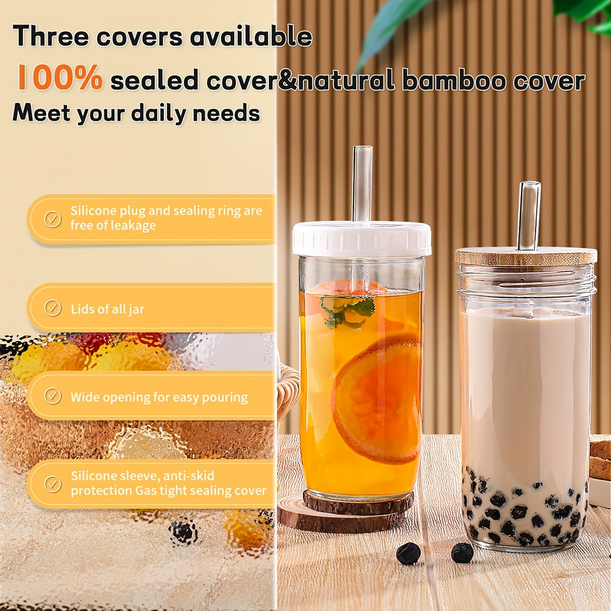 8pcs (4 Cups+4 Lids) Novelty Tableware With Double Lid Design And Glass Straws, Suitable For Yogurt, Tea, Milk, Iced Coffee, Salad As Birthday Gifts For Wives And Mothers, With Straw Cleaning Brush Included