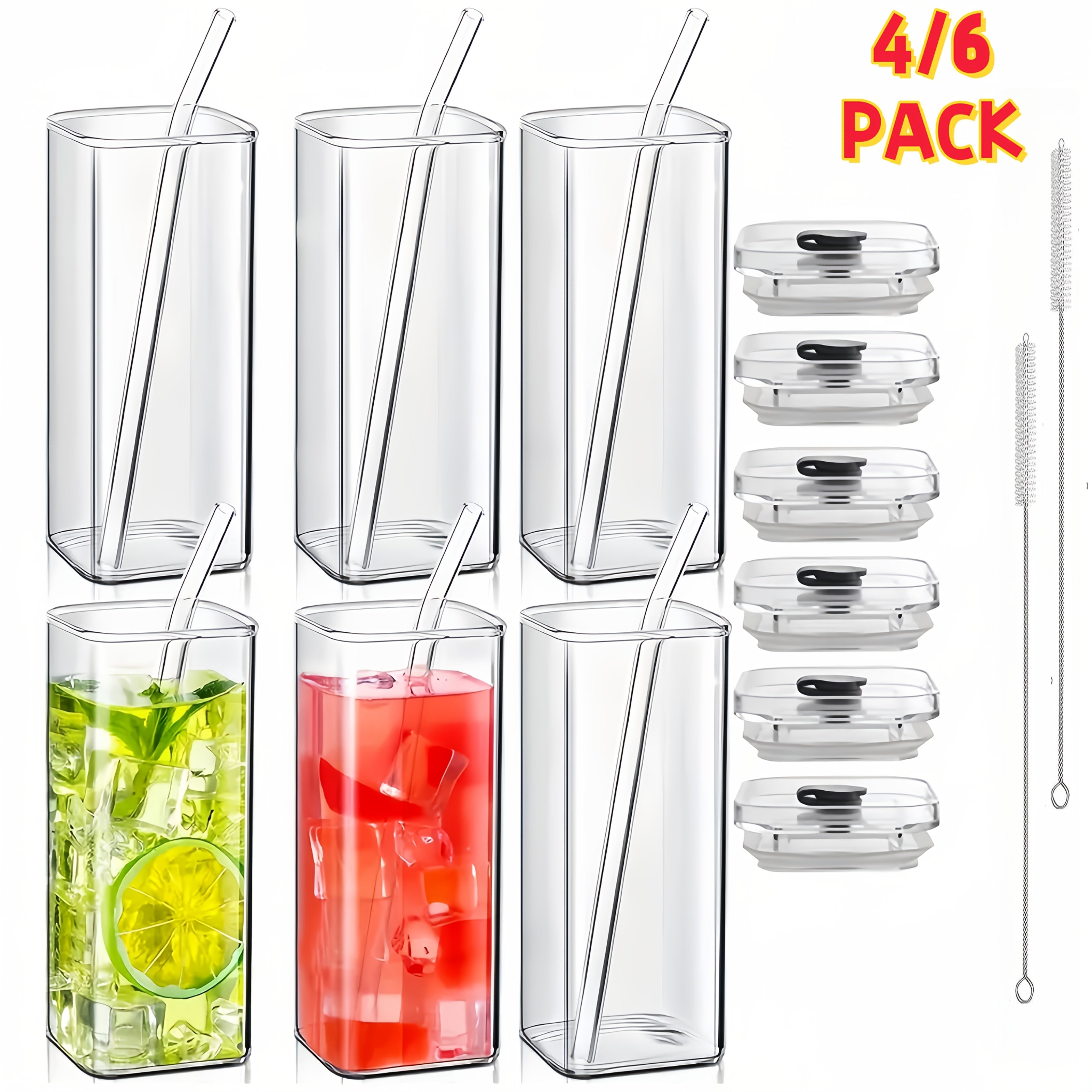 6pcs Square Glass Cups with Lids & Straws - Insulated Reusable Drinking Glasses, Scratch-Resistant Hand-Drawn Geometric Design for Iced Coffee, Cocktails, Office, Parties, Home, School & Outdoor Use - Perfect Father’s Day, Christmas, Mother’s Day Gift