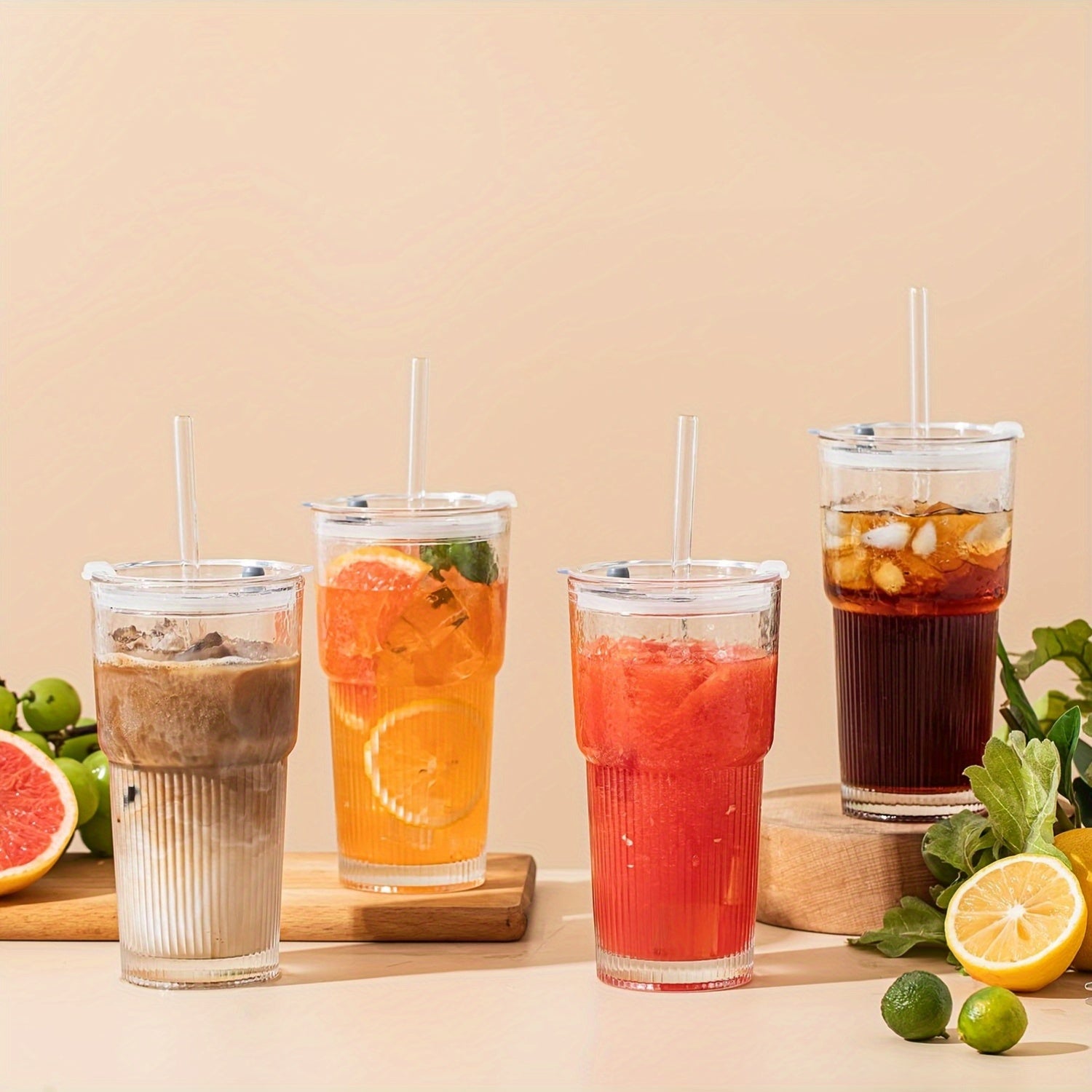 Glasses With Lid And Straw, Set Of 4 - Stylish Ribbed Design Drinking Cups For Iced Coffee Cups, Juices, Smoothies, Cold Drinks, Cleaning Brushes Included, Durable Glassware