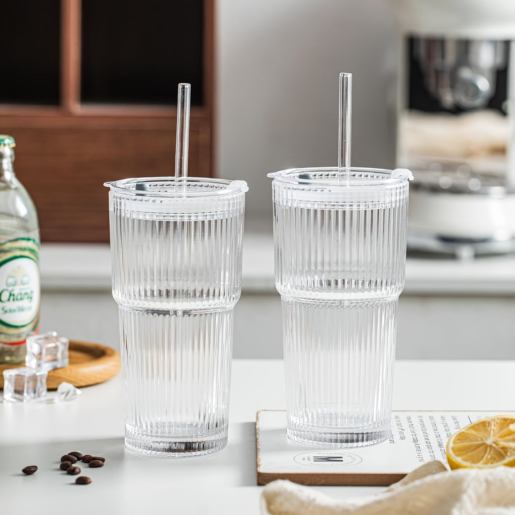 Glassware Set of 2, 600ml/20oz Ribbed Glass Barrel with Lid and Glass Straw, Thickened Glass, Perfect for Iced Coffee, Smoothies, Cocktails and Juices - Elegant and Durable Beverage Vessels