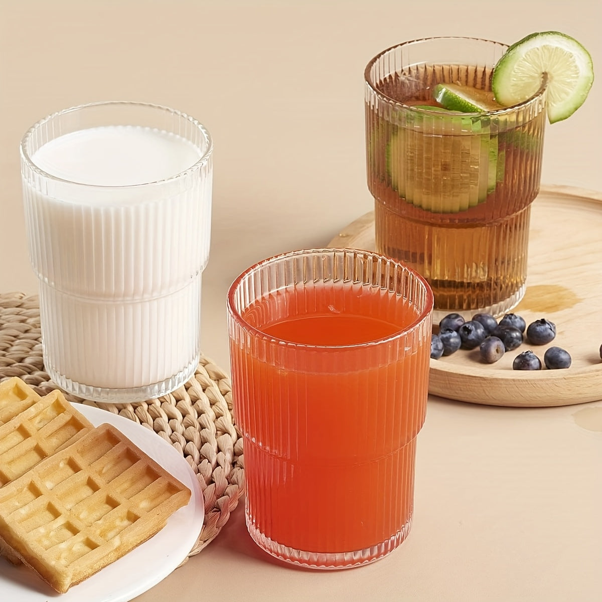 6pcs, 200ml/6.8oz Stackable Ribbed Glass Cups, Iced Coffee Cups, Juice Cups, Vertical Striped Retro Glass Cups, Reusable Glass Cups, Suitable for Halloween, Christmas, Easter, Thanksgiving