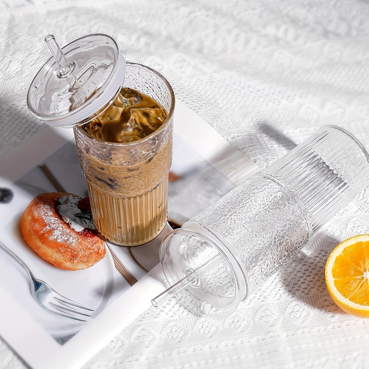2pcs, 22oz/650ml, with lid, straw and straw brush, ribbed glass cup, reusable, wide mouth smoothie cup, thick wall glass ice coffee cup, tea cup, juice cup, also a great holiday gift, Christmas, anniversary, housewarming party gifts for family and friends