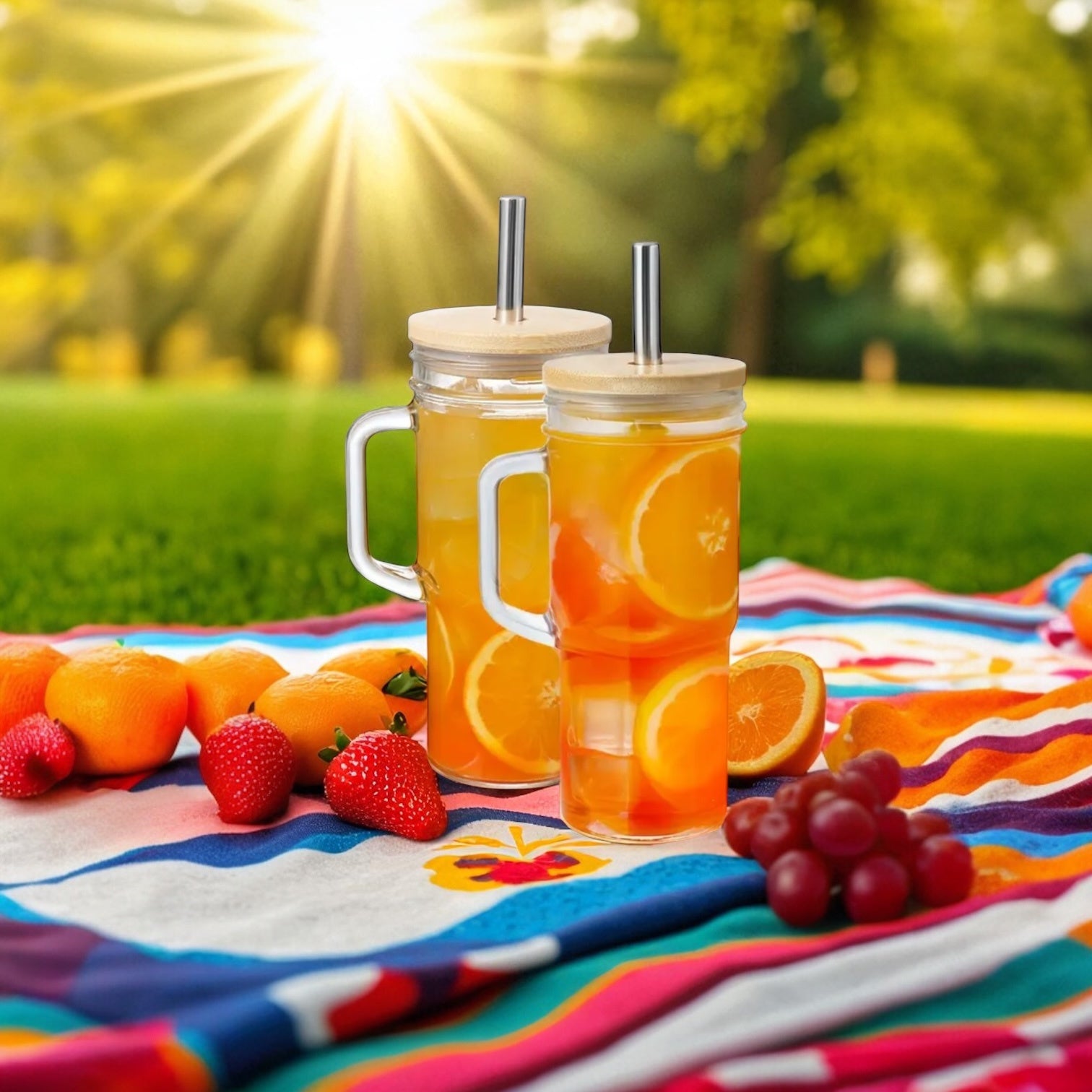 2 PACK, 24oz Glass Tumbler with Handle and Lid, Glass Cup, Jar Cup with Bamboo Lid & Stainless Steel Straw for Iced Coffee, Boba, Tea, Smoothie, Juice, Dishwasher Safe