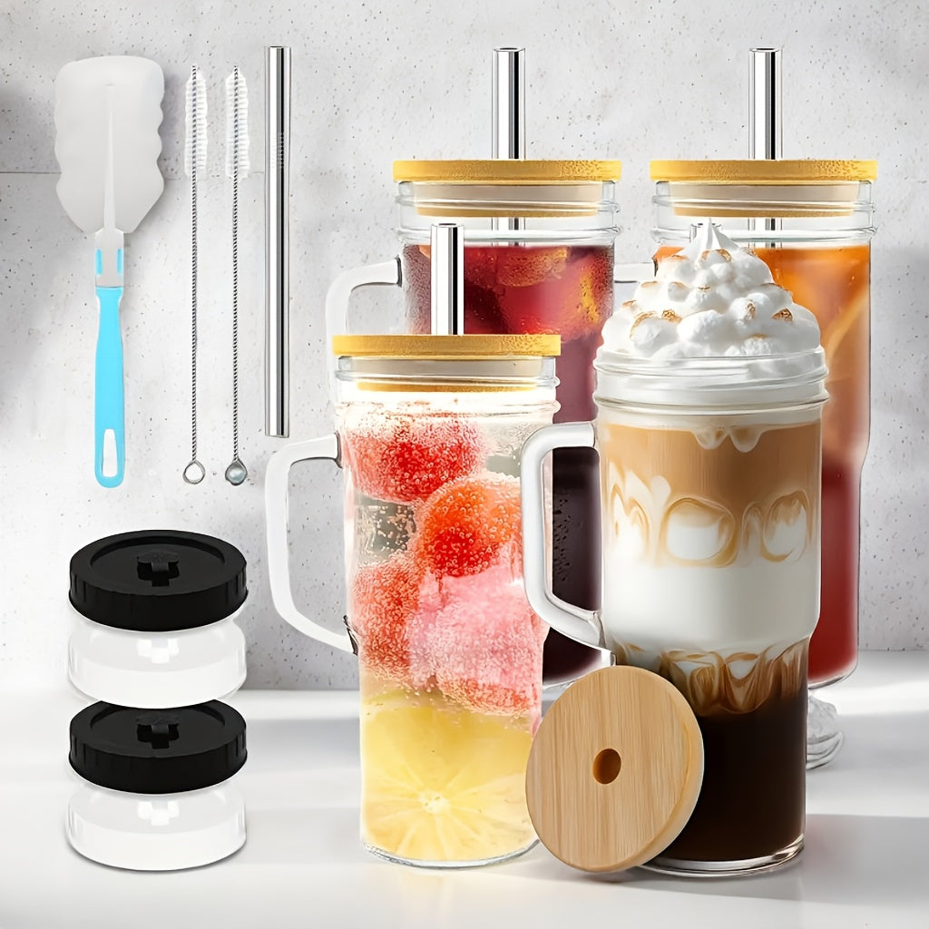 2/4pcs Handle Car Cup, 24oz High Borosilicate Glass Cup Without BPA, with Bamboo Lid And Straw, BPA Free, Thick Coffee Cup, Suitable for Juice, Milk, Cream, Milk Tea, Free Sealing Lid, Straw Brush And Cup Brush, Birthday Gift, Coffee Cup, Tea Cup, Milk