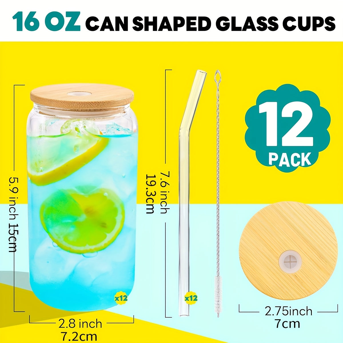 12pcs Glass Set, 16oz Iced Coffee Mug with Bamboo Lid And Glass Straw - Canister Shaped Clear Glass Drink Cups for Smoothies, Boba Tea, Whiskey, And Water In A Cute Non-tipping Glass - 4 Cleaning Brushes.