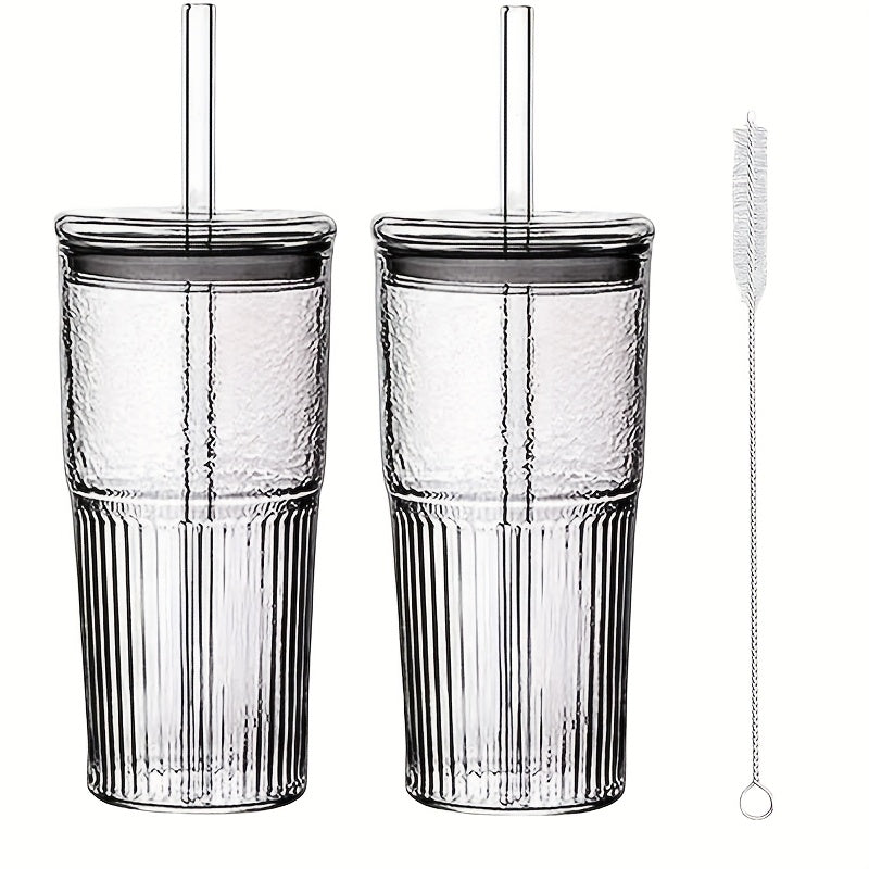 2pcs, 22oz/650ml, with lid, straw and straw brush, retro and modern embossed design, easy to clean, dishwasher safe, reusable glass wide mouth smoothie cup, thick wall Glass ice coffee mug, suitable for cold drinks, hot drinks, tea and other beverages,