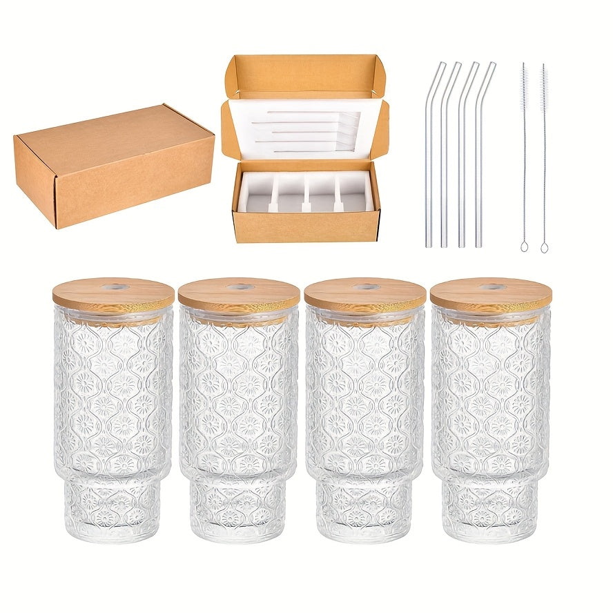 Glass Cups with Lids And Straws 4 Packs, Bamboo Mason Jar Valentines Party Drinking Jars Glasses, 11oz Beaded Glassware, Vintage Glassware Set, Embossed Vintage Drinking Glasses for Beer, Cocktail, Soda, Iced Coffee, Smoothie, Tea, Water