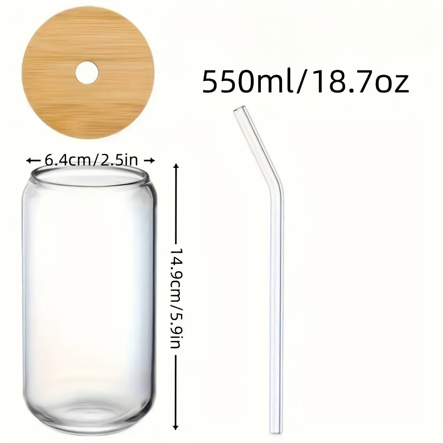 8pcs, Glass Cup, Glass Cup with Lid And Straw, Mason Jar Drinking Cup, Iced Coffee Cup, Glass Cup with Bamboo Lid, Exquisite Water Cup, Reusable Straw Cup, Suitable for Family Gatherings, 18.7oz/550ml