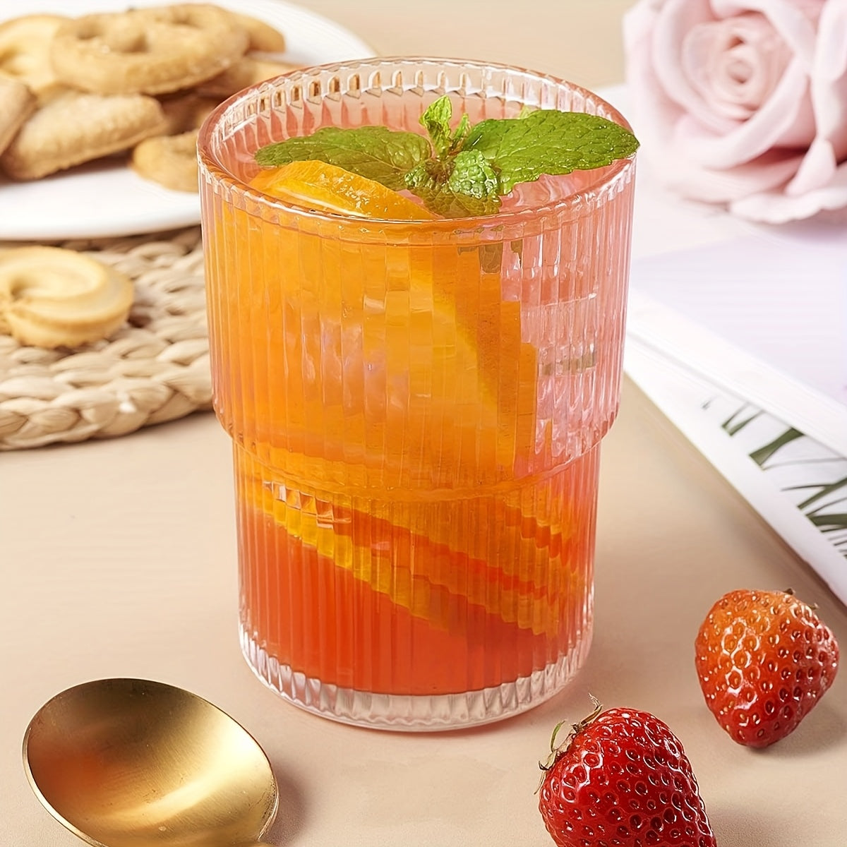 6pcs, 200ml/6.8oz Stackable Ribbed Glass Cups, Iced Coffee Cups, Juice Cups, Vertical Striped Retro Glass Cups, Reusable Glass Cups, Suitable for Halloween, Christmas, Easter, Thanksgiving