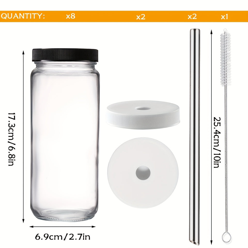 8pcs Glass Juice Bottle with Lid, Glass Bottle for Juicing - for Smoothies, Water, Milk & Kombucha, Round Carafe with Lid, BPA Free, 2 Straws Included!