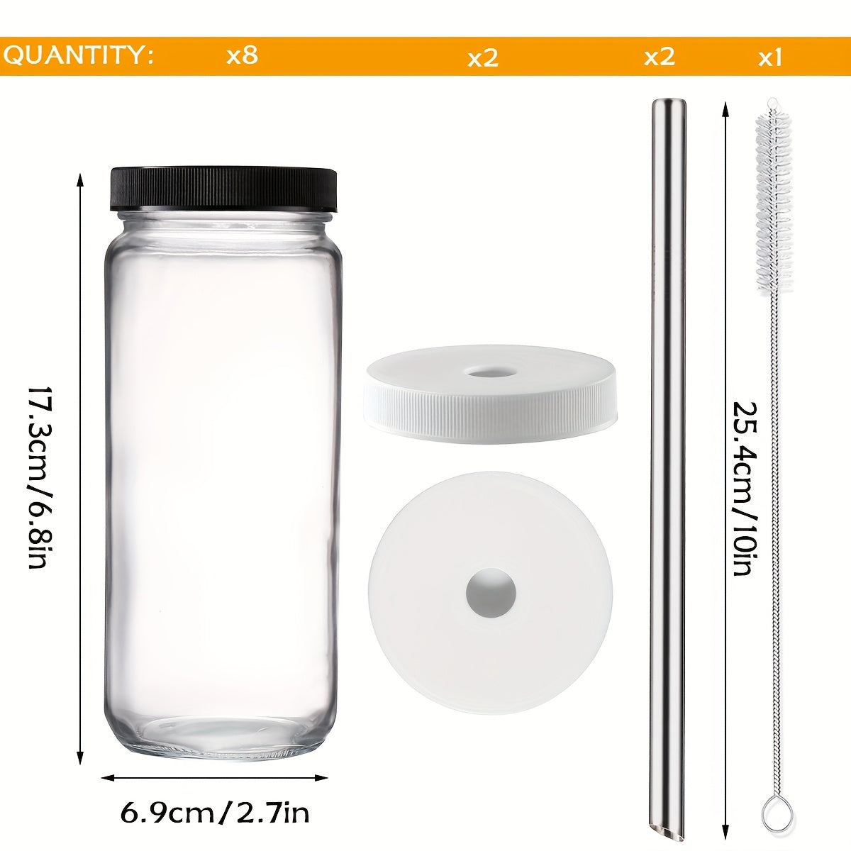 8pcs Glass Juice Bottle with Lid, Glass Bottle for Juicing - for Smoothies, Water, Milk & Kombucha, Round Carafe with Lid, BPA Free, 2 Straws Included!