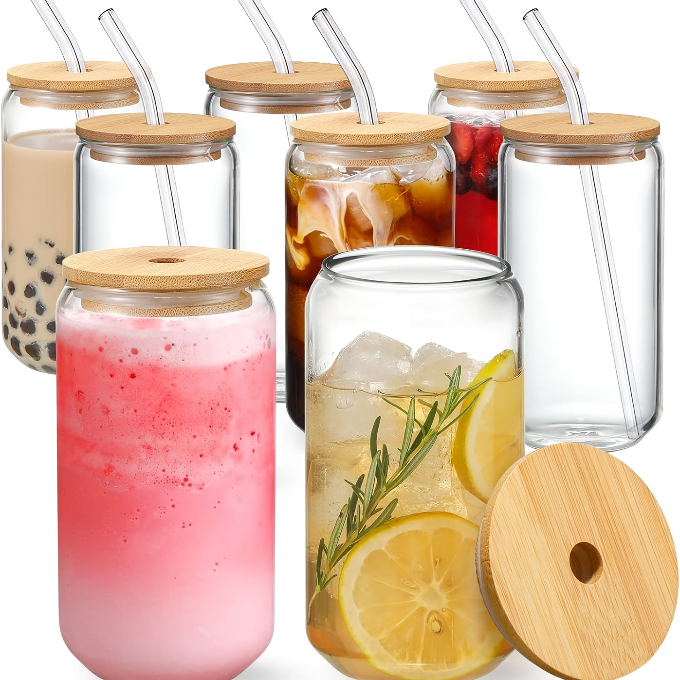 8 Glass Cup with Bamboo Lids And Straws, Jar Shaped Glass Cup, Iced Coffee Cup, Family Birthday Party Drinking Utensils, Cleaning Brushes Included, Suitable for Juice, Drinks, Tea, Milk Glass Cups Gift Sets
