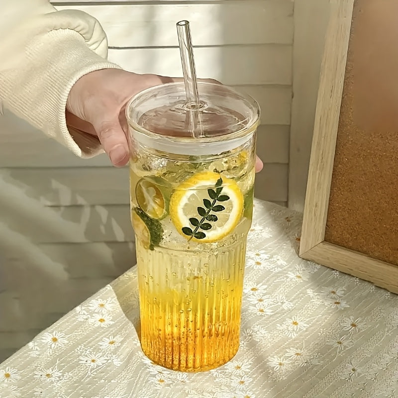 2pcs, 22oz/650ml, with lid, straw and straw brush, retro and modern embossed design, easy to clean, dishwasher safe, reusable glass wide mouth smoothie cup, thick wall Glass ice coffee mug, suitable for cold drinks, hot drinks, tea and other beverages,