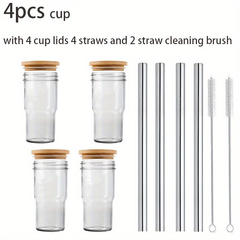 2pcs/4pcs Insulated Glass Cup Cold Drink Cup Slush Cold Drink Glass Straw Cup Water Cup Wooden Lid with Cup Cover Straw Straw Cleaner Home Cold Drink Party Beverage Accessories