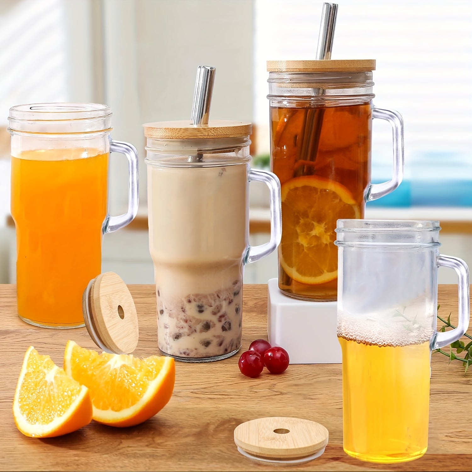 2/4pcs 24oz Glasses with Lids And Straws - Wide Mouth Glasses with Bamboo Lids And Straws, Iced Coffee Mugs, Cold Drink Mugs, Beer Mugs.