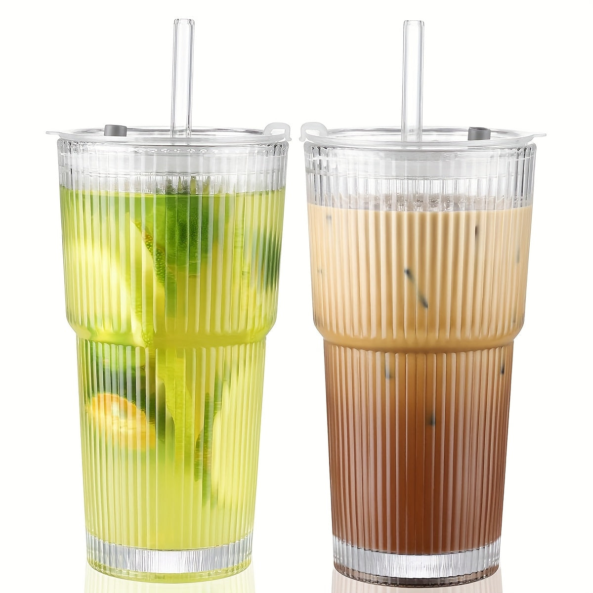 2/4pcs Vintage Clear Striped Glass Drink Container With Sealed Lid Inverted Leak Proof, Easy To Carry, Glass Mug With Straw, Thickened Insulated Glasses