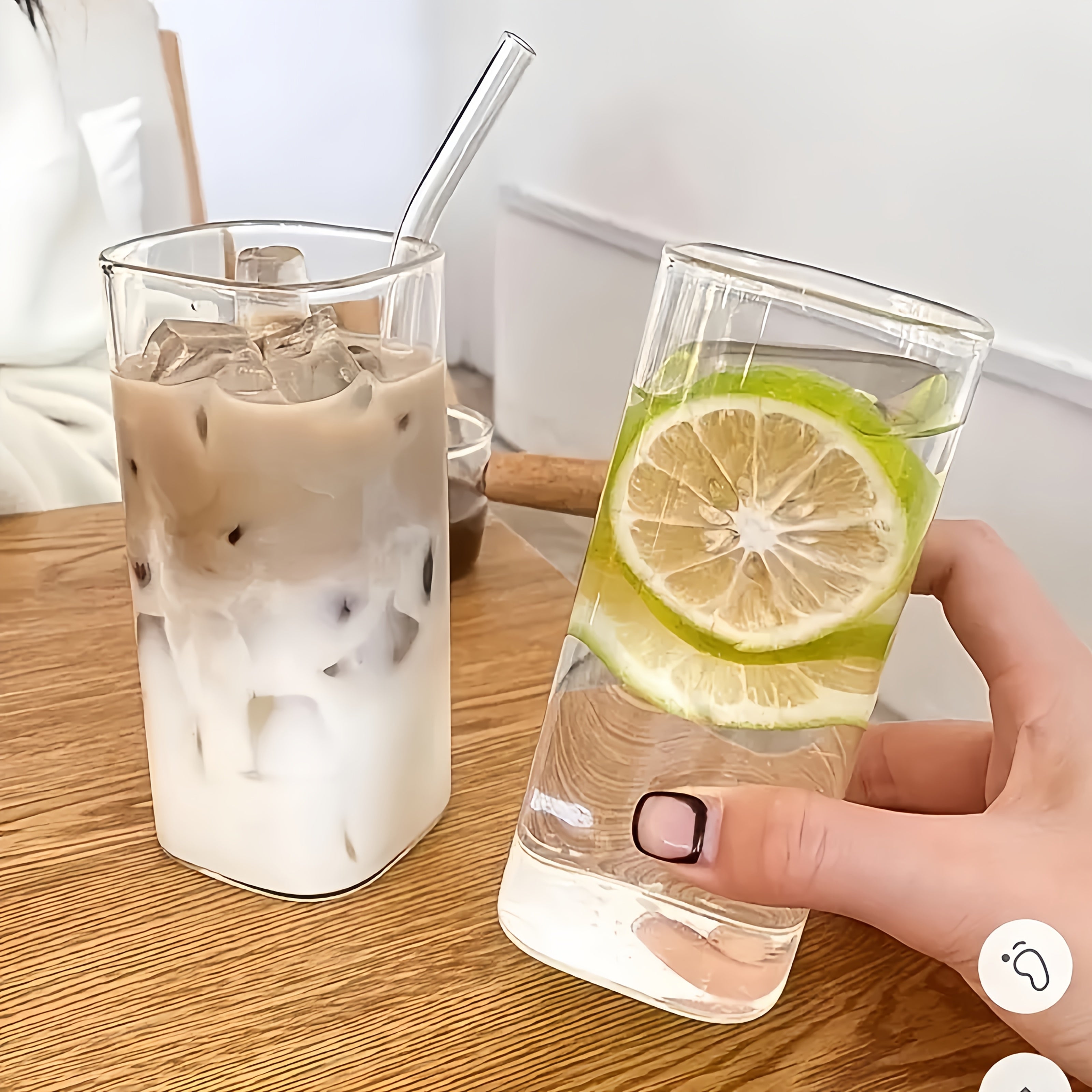6pcs Square Glass Cups with Lids & Straws - Insulated Reusable Drinking Glasses, Scratch-Resistant Hand-Drawn Geometric Design for Iced Coffee, Cocktails, Office, Parties, Home, School & Outdoor Use - Perfect Father’s Day, Christmas, Mother’s Day Gift