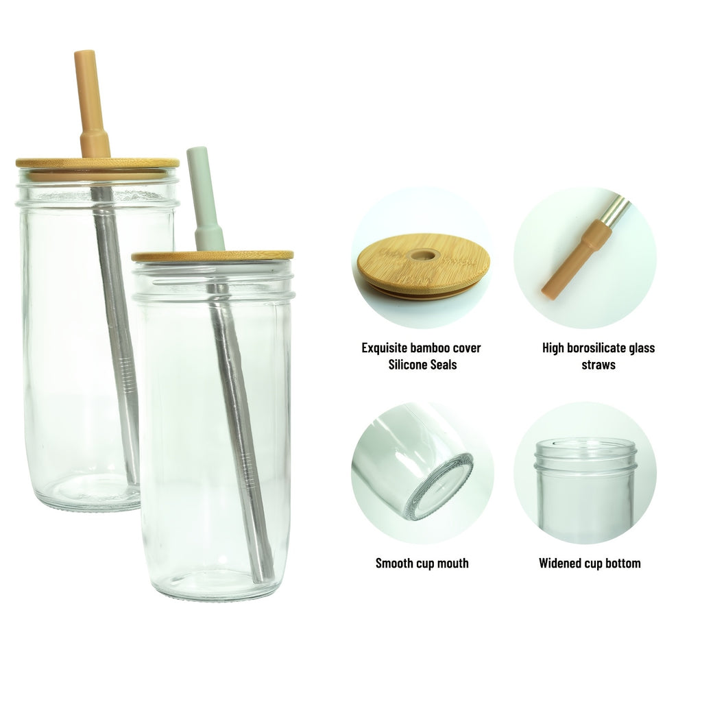 Glass Tumbler with Lids And Straws 2pcs, 24oz Glass Drinking Jars with Lids And Straws, Reusable Wide Mouth Mason Jar Iced Coffee Cup, Smoothie Cup Coffee Travel Mug for Car/Home, Graduation Season