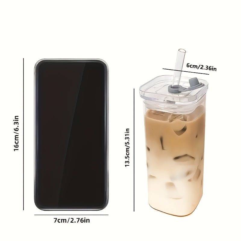 2pcs Square Glass Mug with Lid, Portable Drinking Mug, Perfect Coffee Mug, Includes Glass Lid/Straw, Gift for Mug Collectors, Father'S Day Mug, Great for Office, Home, School And Outdoor Use!, Best for Christmas