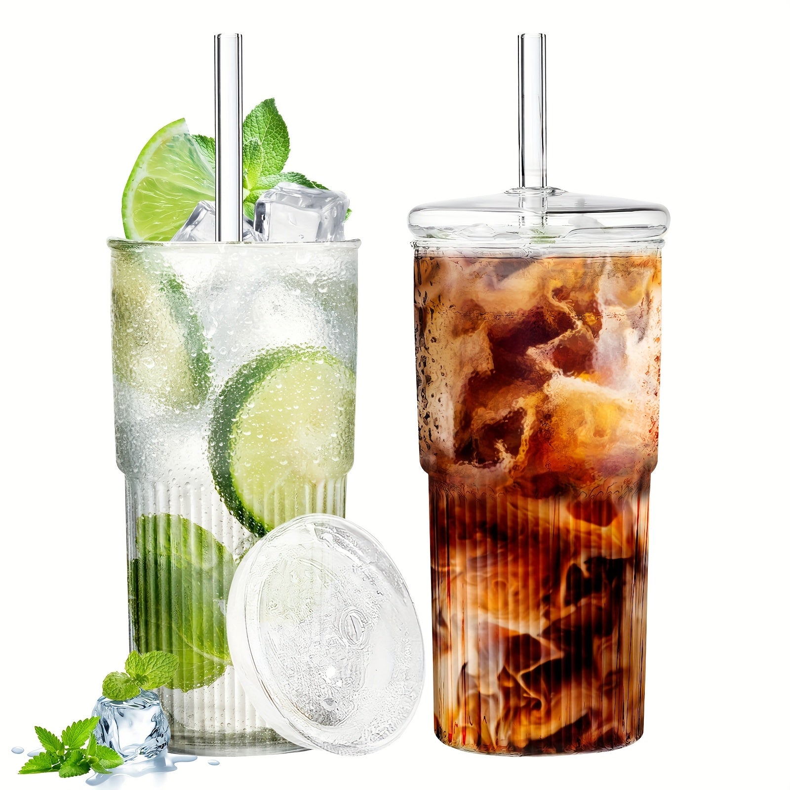4-Pack High Borosilicate Glass Cup Set With Lids And Straws - 20oz Reusable Iced Coffee Glasses For Juice, Milk, Tea - Durable Drinkware For Home And Gift Use