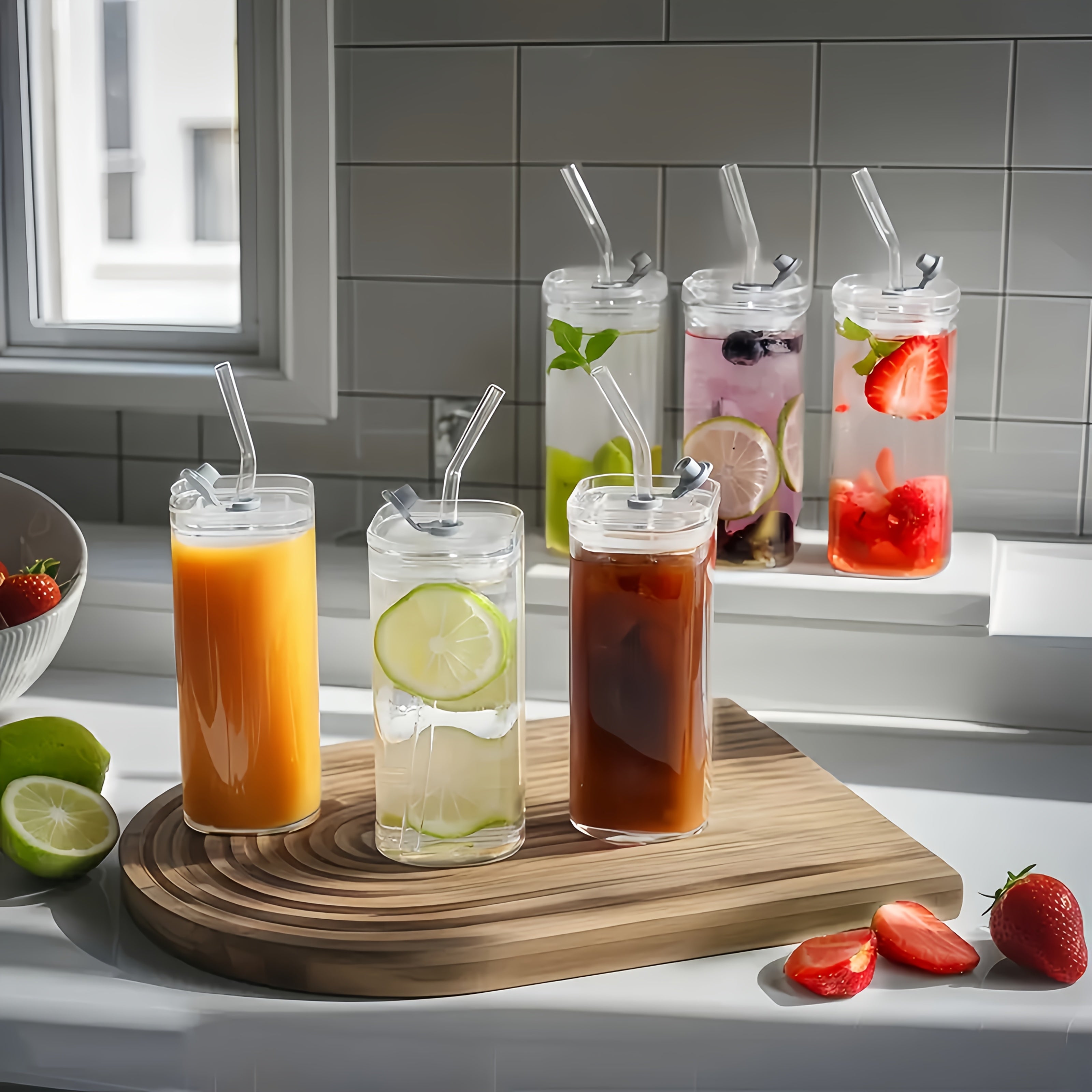 6pcs Square Glass Cups with Lids & Straws - Insulated Reusable Drinking Glasses, Scratch-Resistant Hand-Drawn Geometric Design for Iced Coffee, Cocktails, Office, Parties, Home, School & Outdoor Use - Perfect Father’s Day, Christmas, Mother’s Day Gift