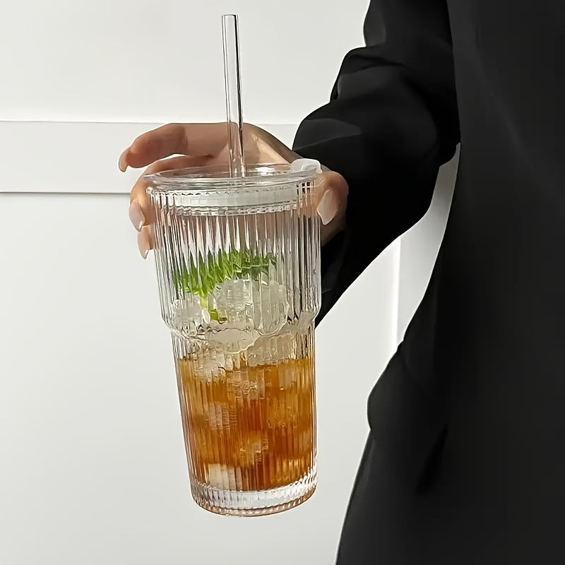 1pc 20.29oz Large Striped Glass Cup with Lid - Insulated, Reusable for Cold Drinks, Juice & Coffee - Ideal for Home, Office, and Holiday Gatherings, Hand Wash Only, Versatile Drinkware | Stylish Drinkware | Insulated Glass Cup