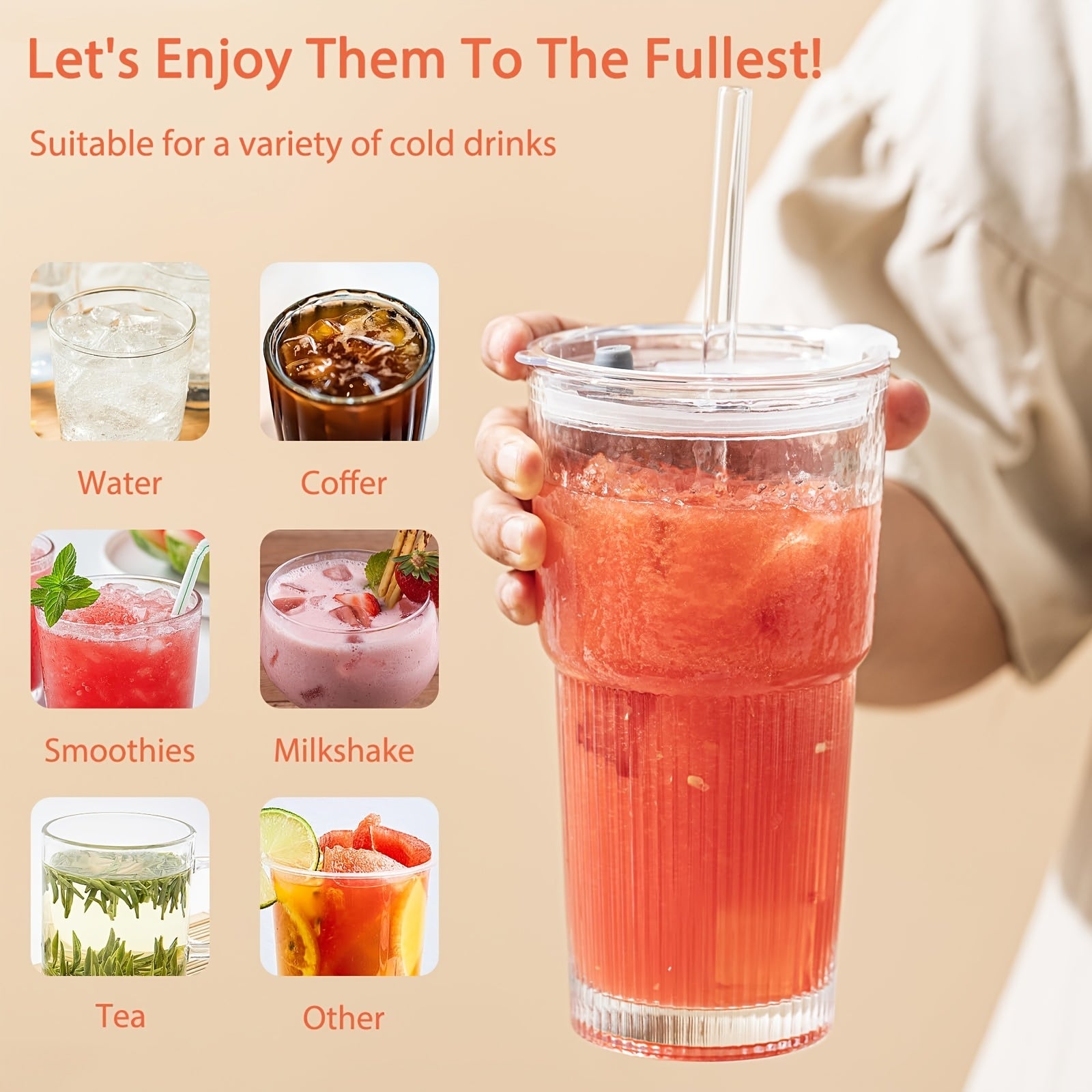 Glasses With Lid And Straw, Set Of 4 - Stylish Ribbed Design Drinking Cups For Iced Coffee Cups, Juices, Smoothies, Cold Drinks, Cleaning Brushes Included, Durable Glassware