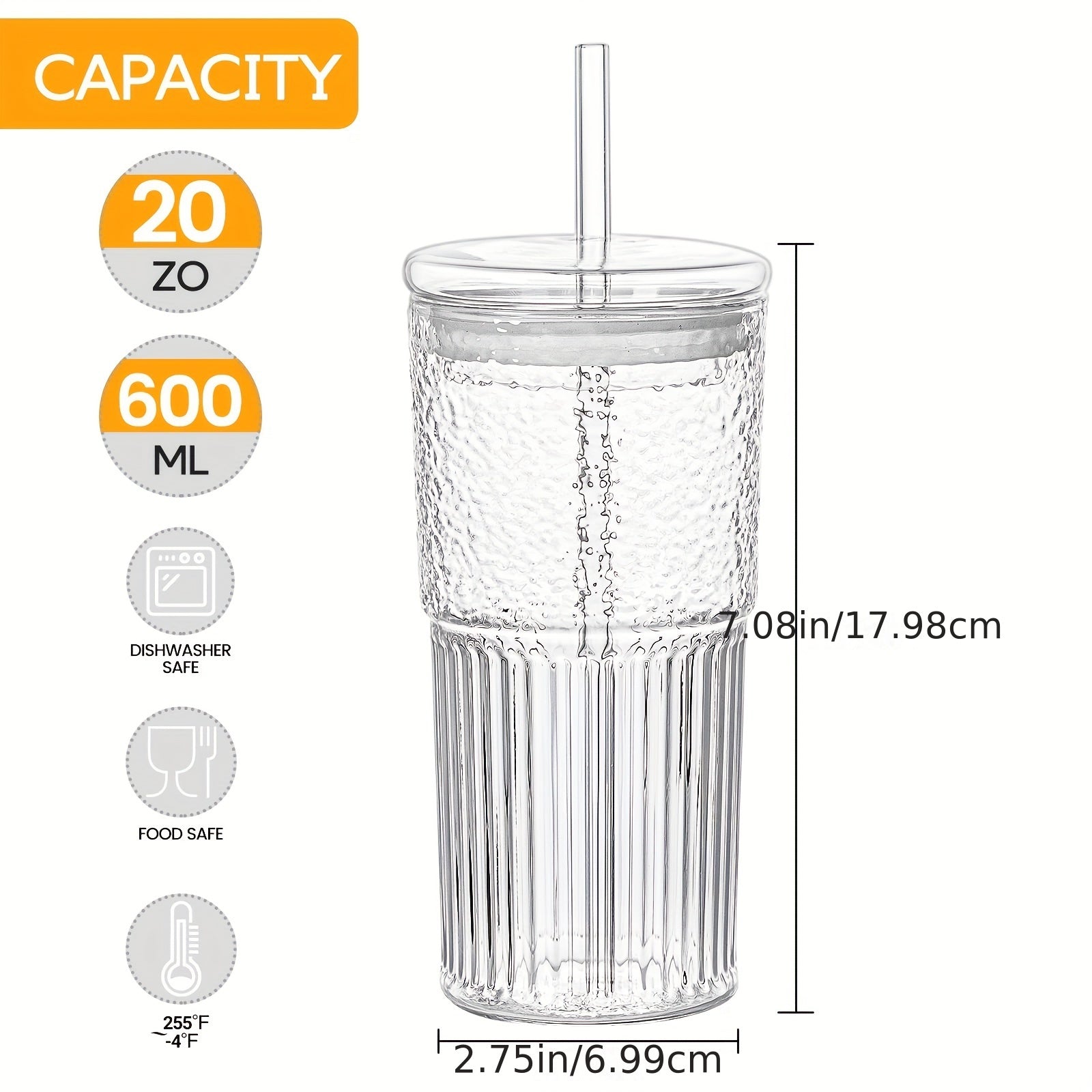 2pcs Vintage Ribbed Glass Cups with Straws and Lids, 20oz Clear Iced Coffee Glassware for Water, Tea, and Beverages – Reusable, Dishwasher Safe, Travel-Friendly Drinkware, Glass Coffee Cup