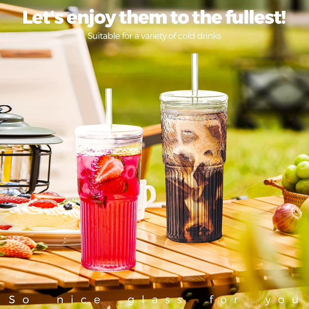 2pcs, 22oz/650ml, with lid, straw and straw brush, ribbed glass cup, reusable, wide mouth smoothie cup, thick wall glass ice coffee cup, tea cup, juice cup, also a great holiday gift, Christmas, anniversary, housewarming party gifts for family and friends