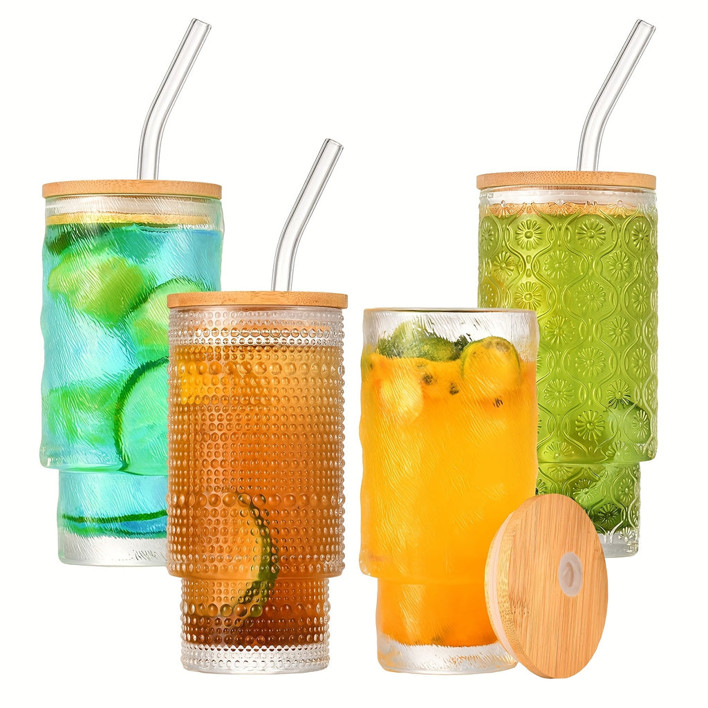 Glass Cups with Lids And Straws 4 Packs, Bamboo Mason Jar Valentines Party Drinking Jars Glasses, 11oz Beaded Glassware, Vintage Glassware Set, Embossed Vintage Drinking Glasses for Beer, Cocktail, Soda, Iced Coffee, Smoothie, Tea, Water