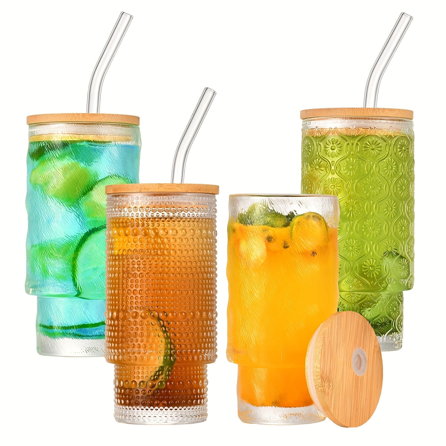 Glass Cups with Lids And Straws 4 Packs, Bamboo Mason Jar Valentines Party Drinking Jars Glasses, 11oz Beaded Glassware, Vintage Glassware Set, Embossed Vintage Drinking Glasses for Beer, Cocktail, Soda, Iced Coffee, Smoothie, Tea, Water